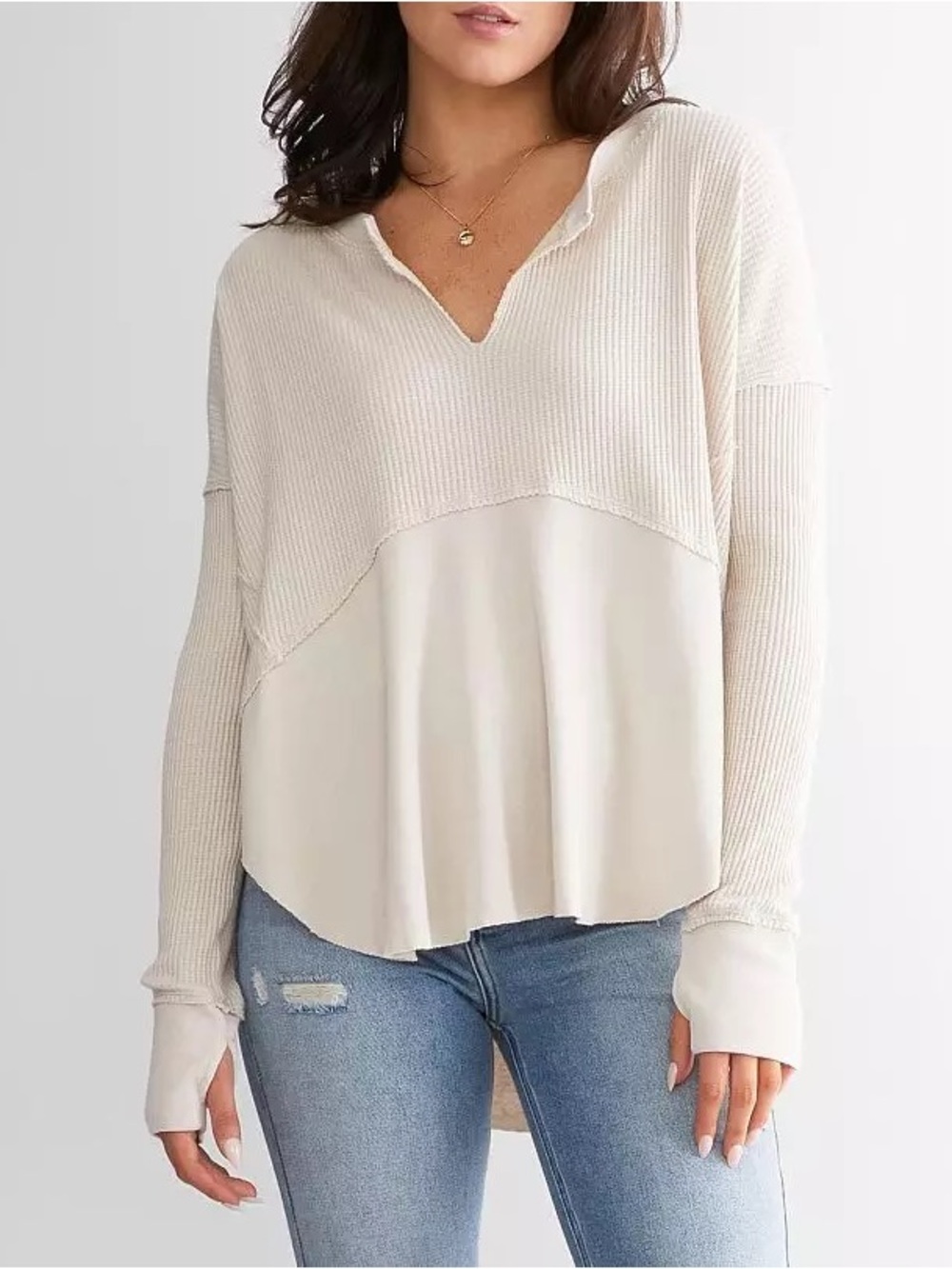 Free People Monterey Thermal Top XS Oversized Cream Waffle Knit Boho Flowy